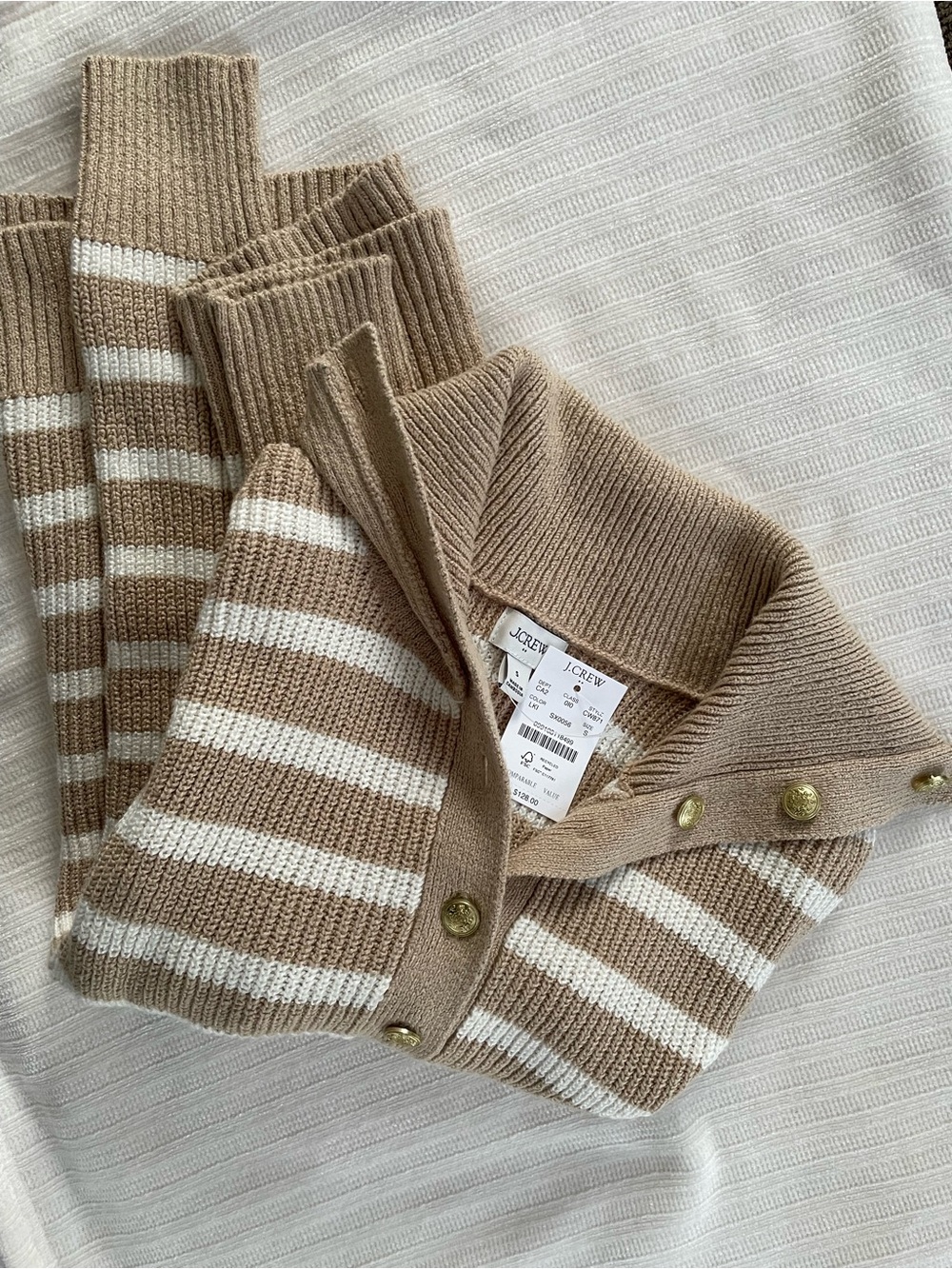 J. Crew Tan and White Striped Button-Front Turtleneck Sweater
